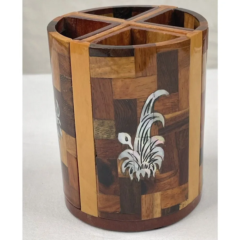 Vintage Wood Cigarette Holder Pencil Box Abalone Inlaid Home Desk Decor